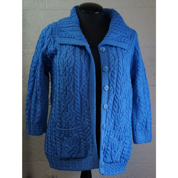 Aran Craft Blue Wool Button Front Cardigan Sweater w/ Pockets New Size L - Picture 2 of 11